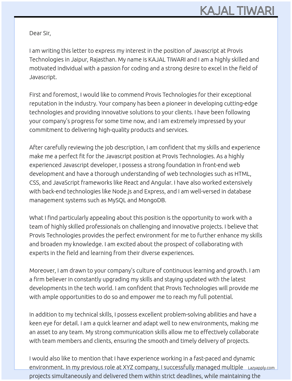 Javascript  At Provis technologies Jaipur Rajasthan Cover Letter