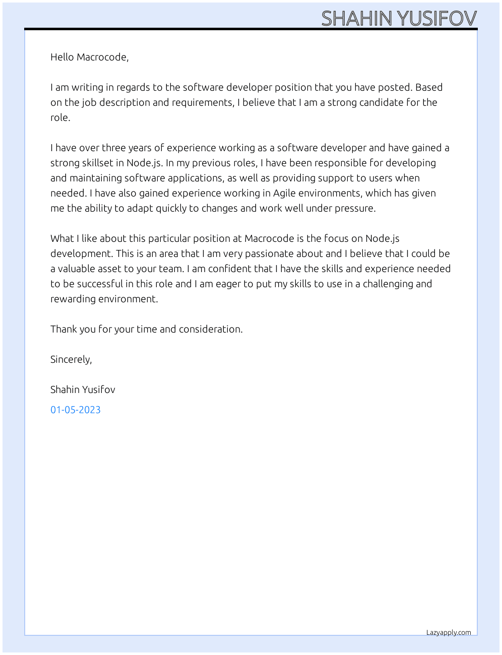 software developer At Macrocode Cover Letter
