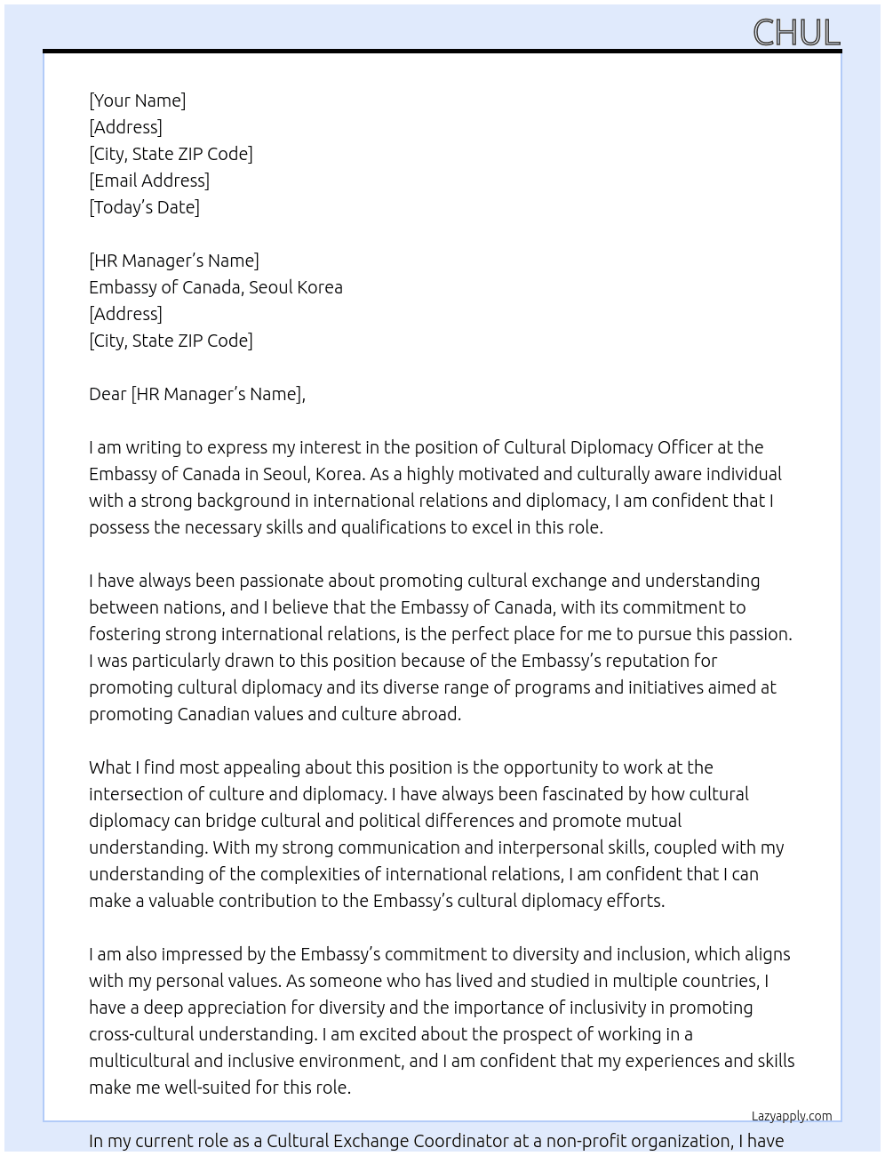 Cultural Diplomacy Officer At Embassy of Canada, Seoul Korea Cover Letter
