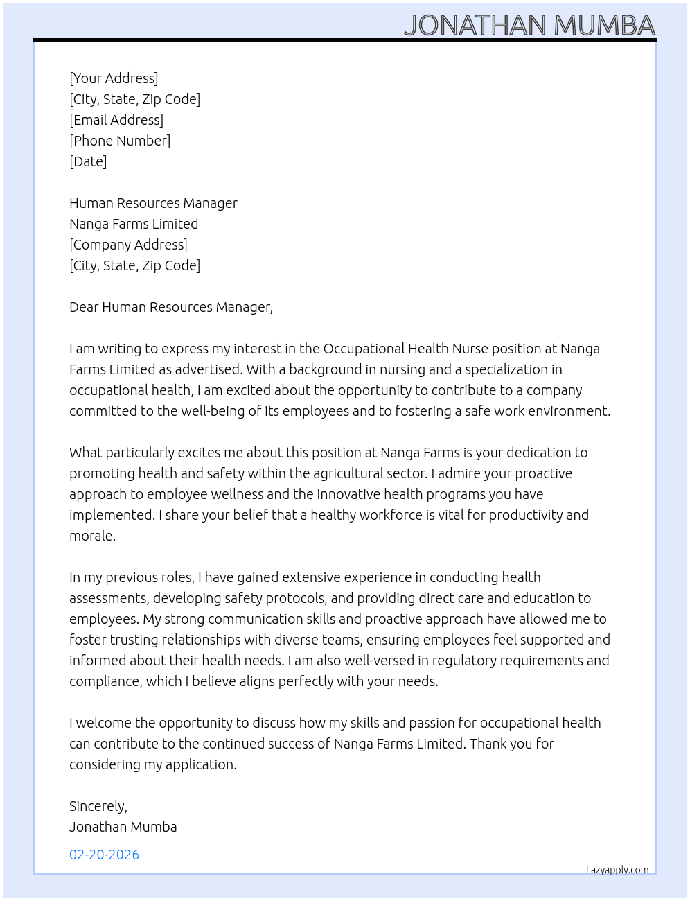 occupational health nurse At Nanga Farms Limited Cover Letter
