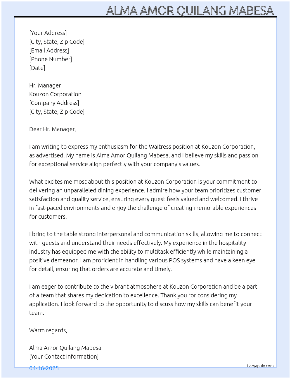 Waitress  At Kouzon Corporation  Cover Letter