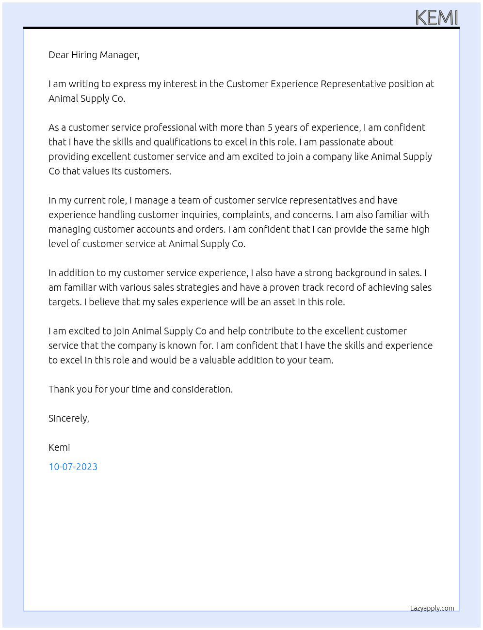 Customer Expereince Representative At Animal Supply CO  Cover Letter