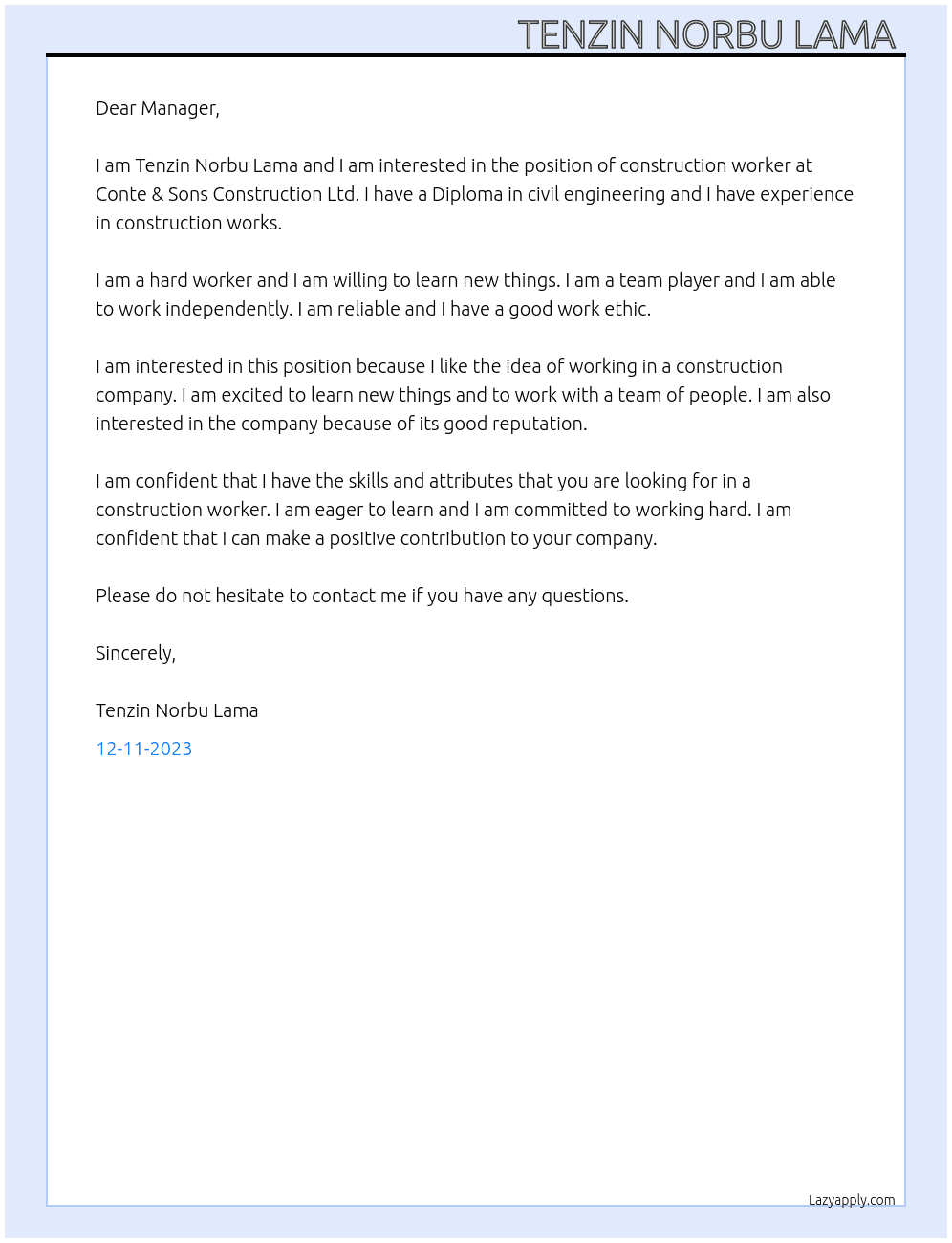 Construction workers  At Conte & Sons Construction Ltd Cover Letter