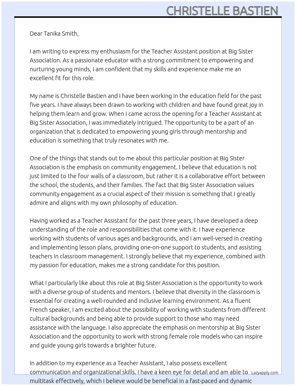 Teacher Assistant   At Big Sister Association Community Engagement Specialist Cover Letter