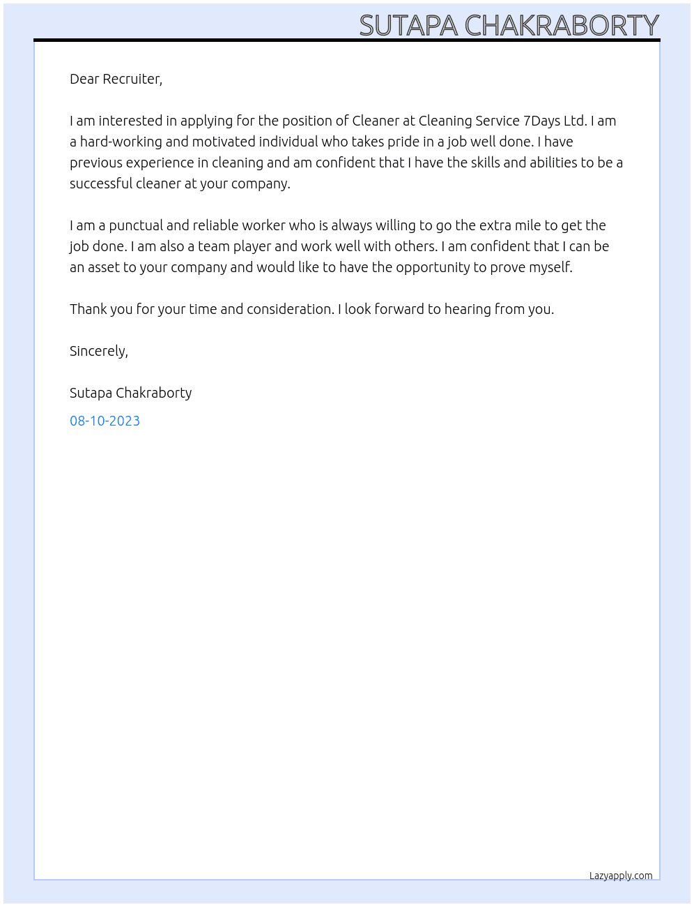 Cleaner At  Cleaning Service 7Days Ltd Cover Letter
