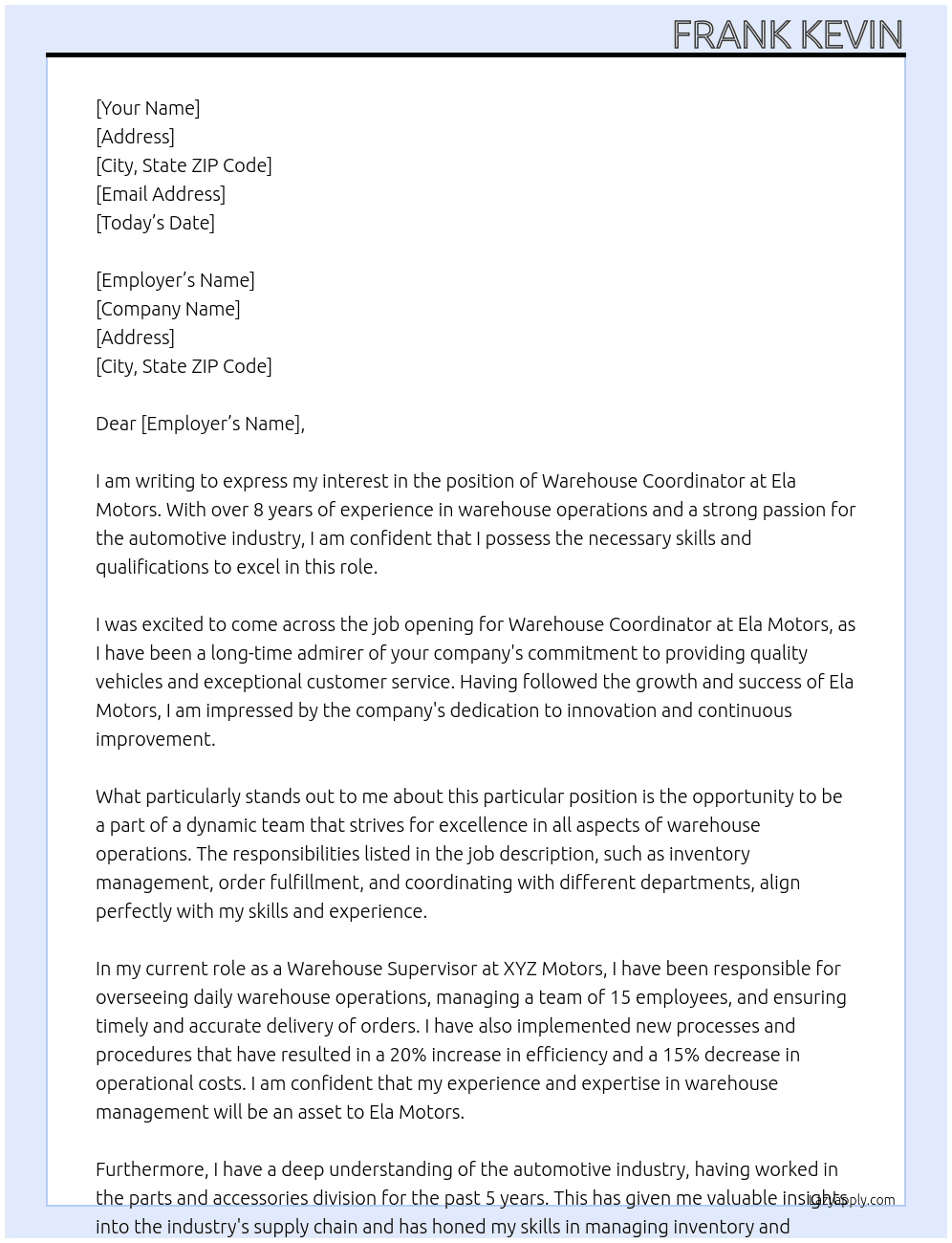 Warehouse coordinator  At Ela Motors  Cover Letter