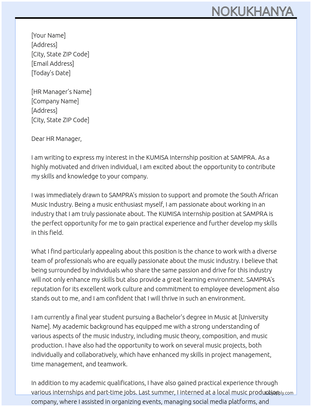 KUMISA Internship At SAMPRA Cover Letter