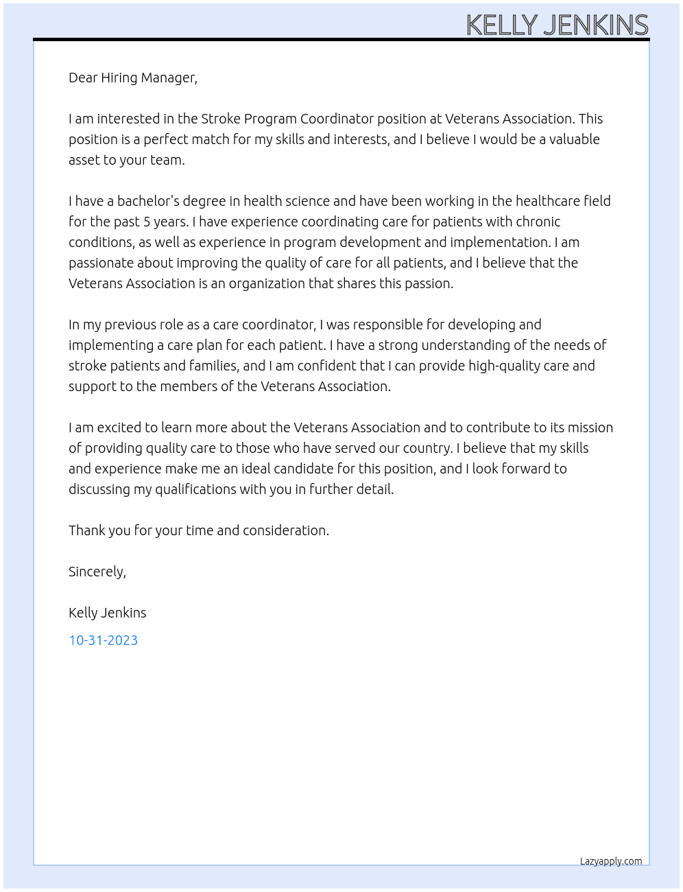 Stroke Program Coordinator At Veterans Association Cover Letter