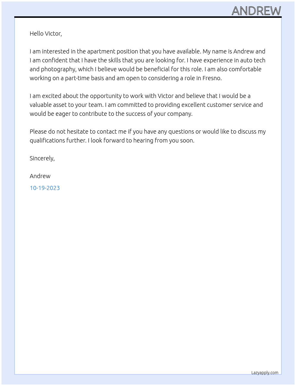 apartment At victor Cover Letter
