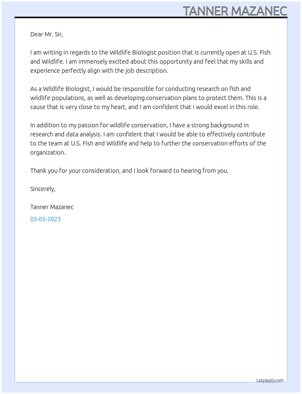Wildlife Biologist At U.S. Fish and Wildlife Cover Letter