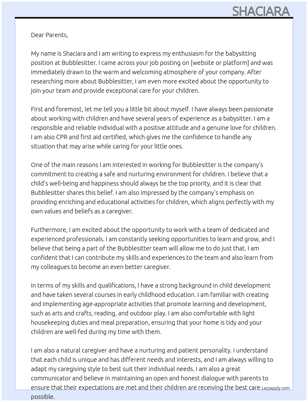 Babysitting  At Bubblesitter  Cover Letter