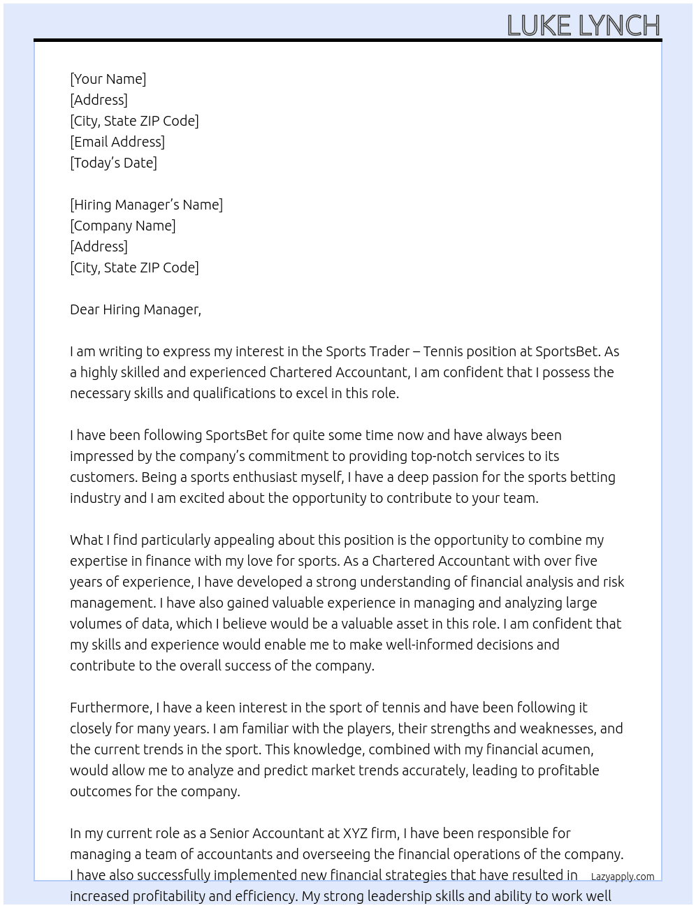 Cover letter for sports trader - tennis - LazyApply