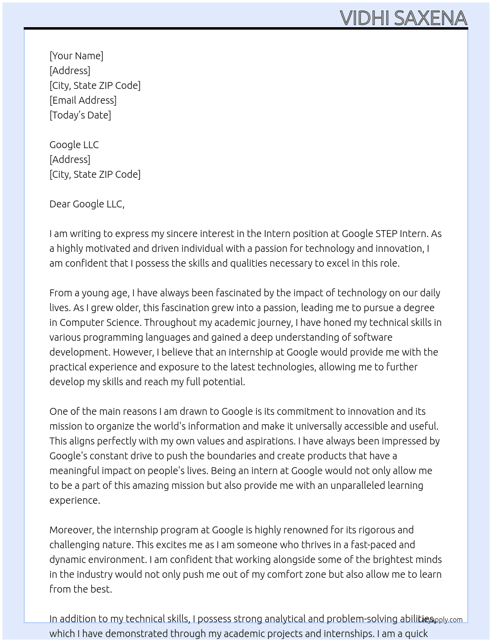 Intern At Google STEP Intern Cover Letter