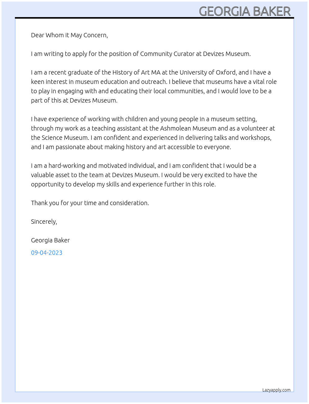 Community curator at museum  At Devizes museum  Cover Letter