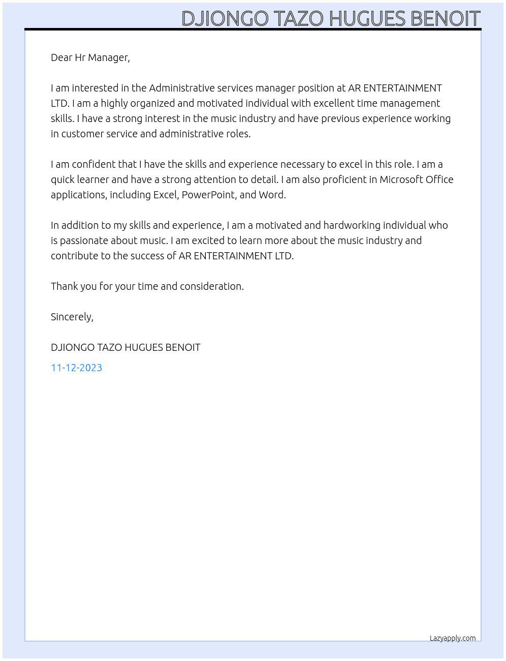 Administrative services manager At KAPOOR PROFESSIONAL CORPORATION Cover Letter