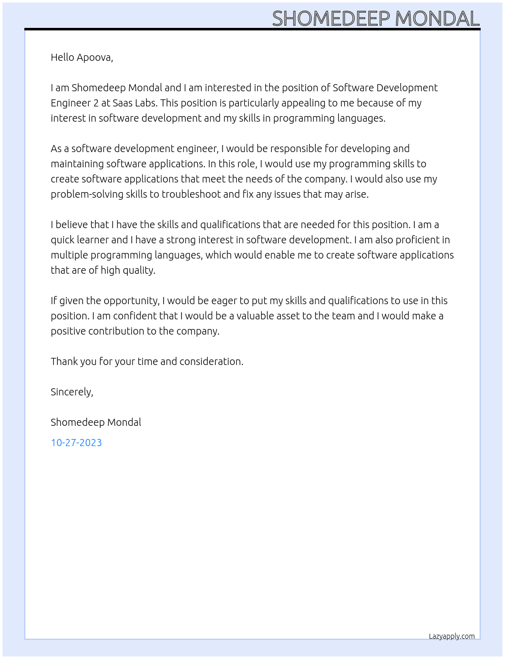 Software Development Engineer 2 At Saas Labs Cover Letter