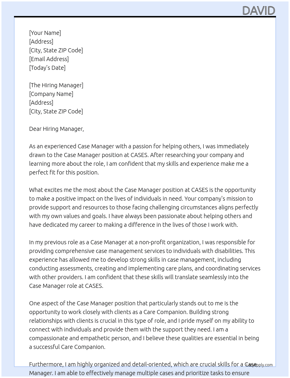 Case Manager At CASES Cover Letter
