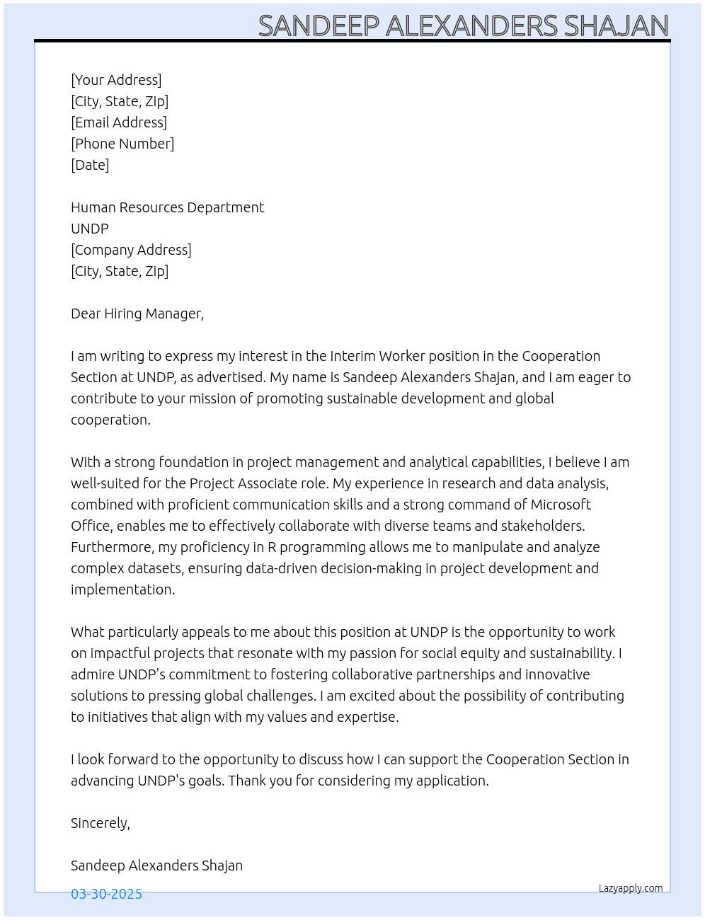 Cover letter for interim worker in the cooperation section - LazyApply