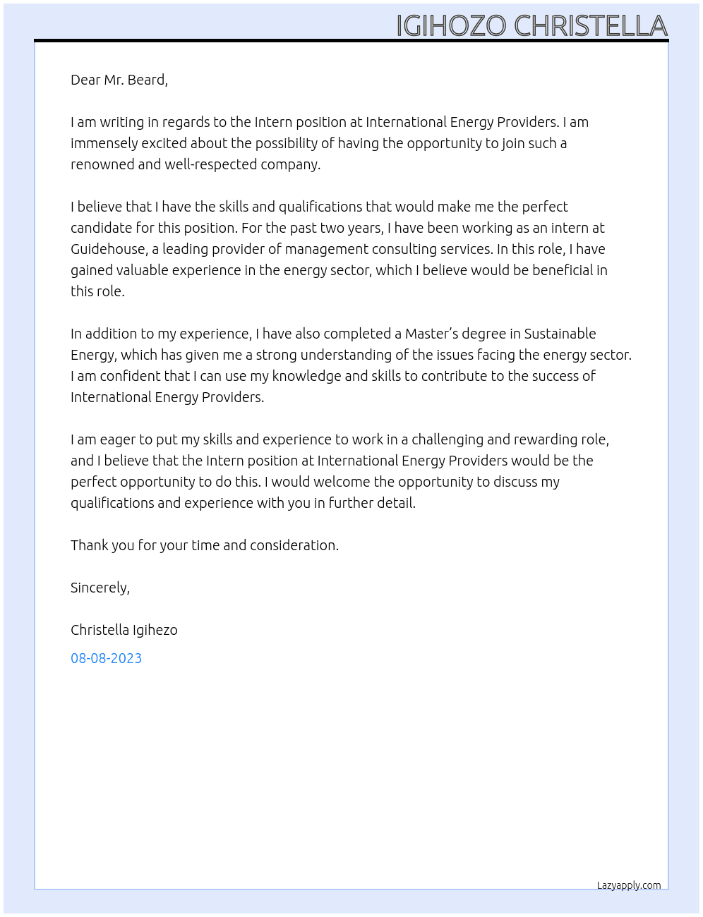 Intern - International Energy Providers At Guidehouse Cover Letter