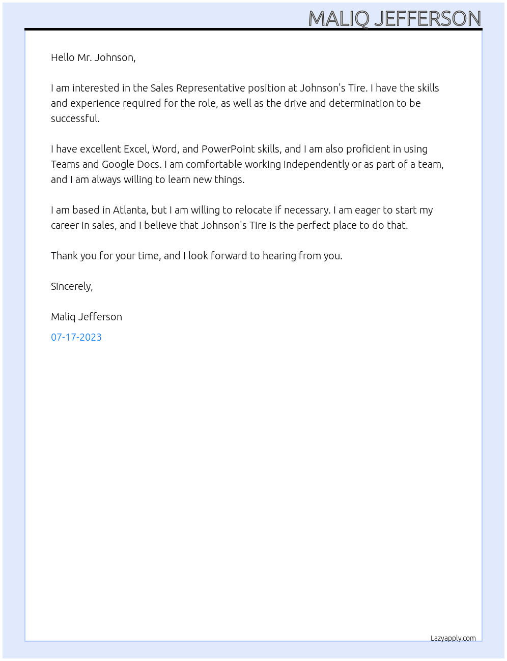 Sales Representative At Johnson's Tire Cover Letter