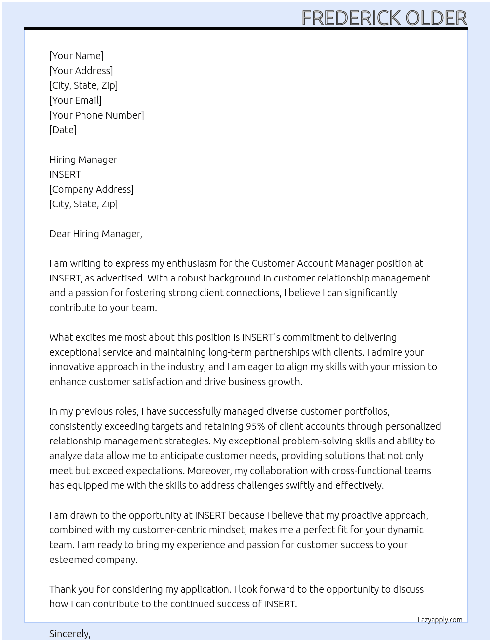Customer Account Manager At INSERT Cover Letter