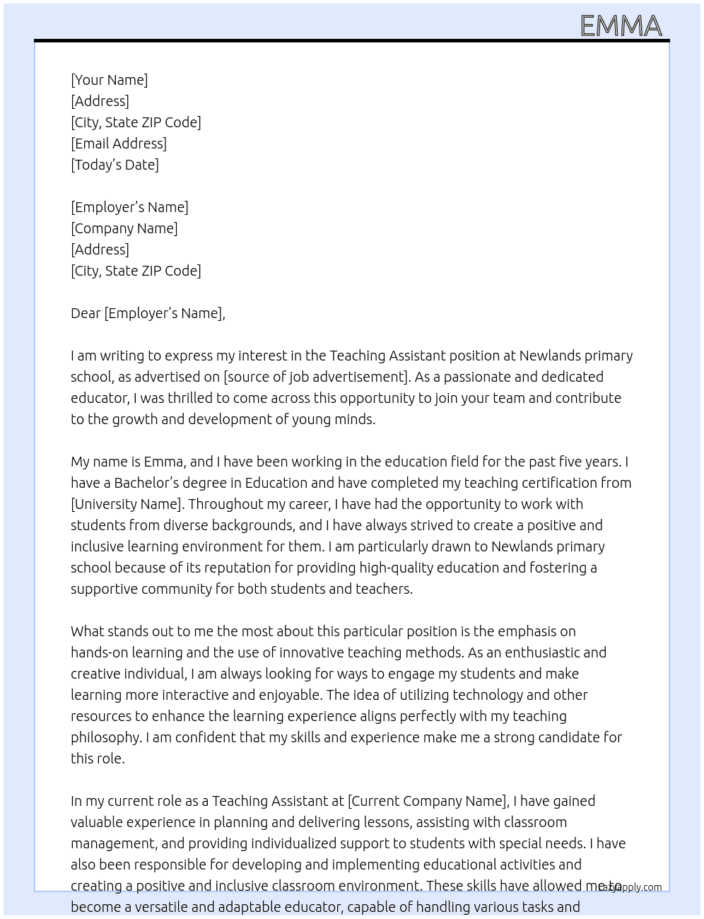 Teaching Assistant  At Newlands primary school  Cover Letter