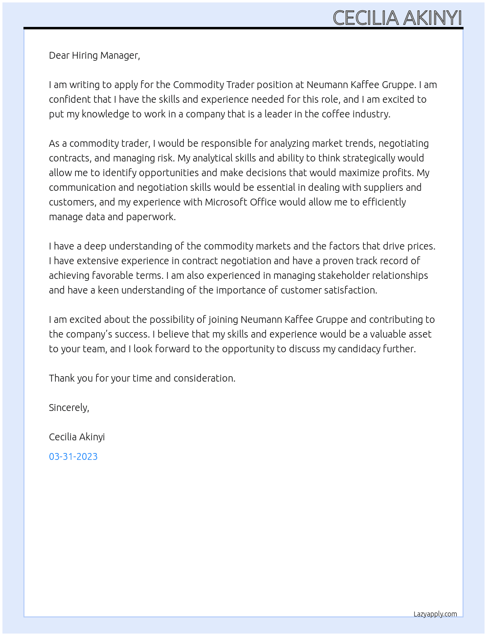Commodity Trader At Neumann Kaffee Gruppe Cover Letter