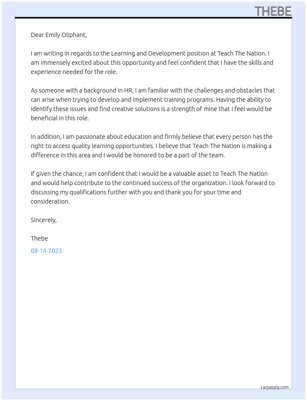 learning and development At Teach The Nation Cover Letter