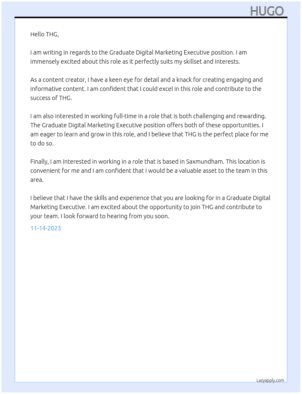 Graduate Digital Marketing Executive At THG Cover Letter