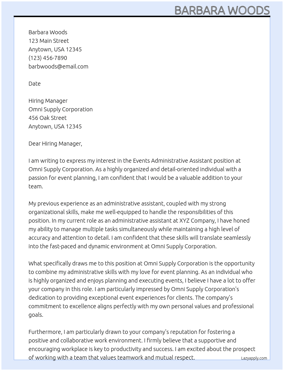 Events Administrative Assistant At Omni Supply Corporation Cover Letter