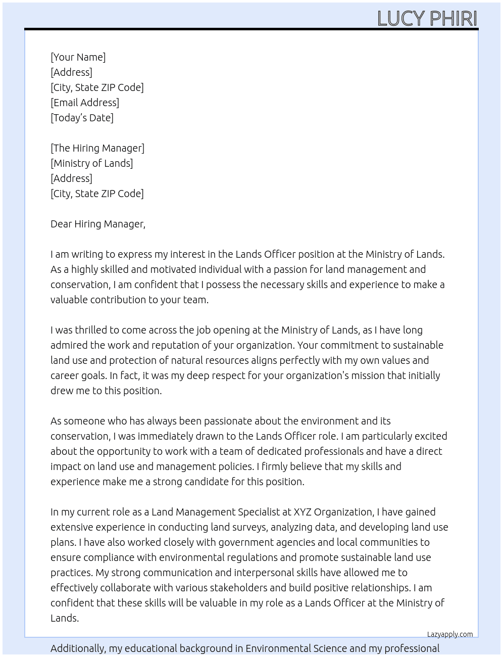 Lands Officer  At Ministry of Lands  Cover Letter