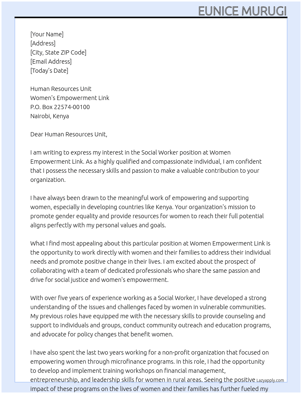 Social Worker At Women Empowerment Link Cover Letter