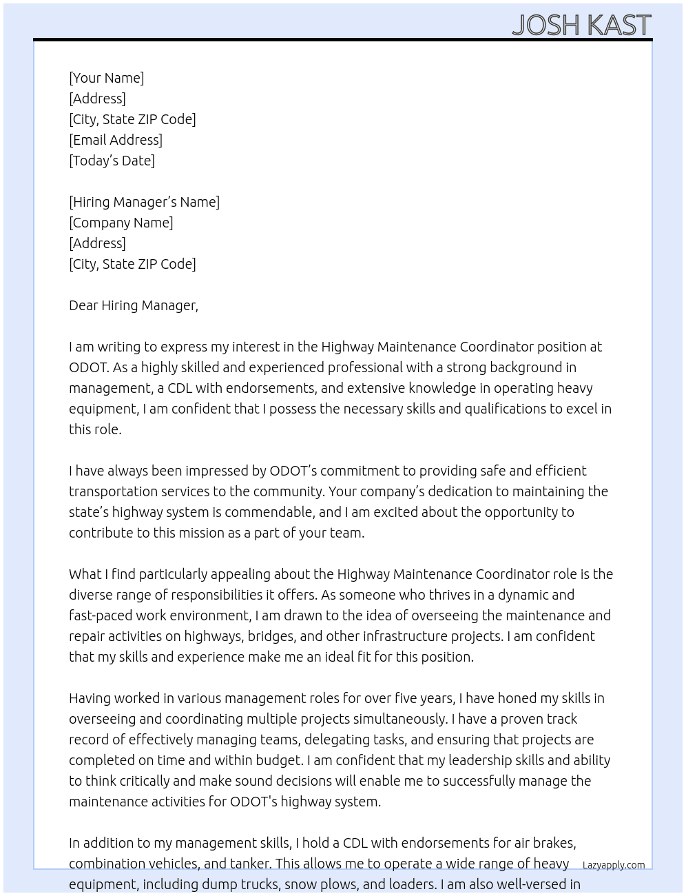 Highway Maitinence Coordinator  At ODOT Cover Letter