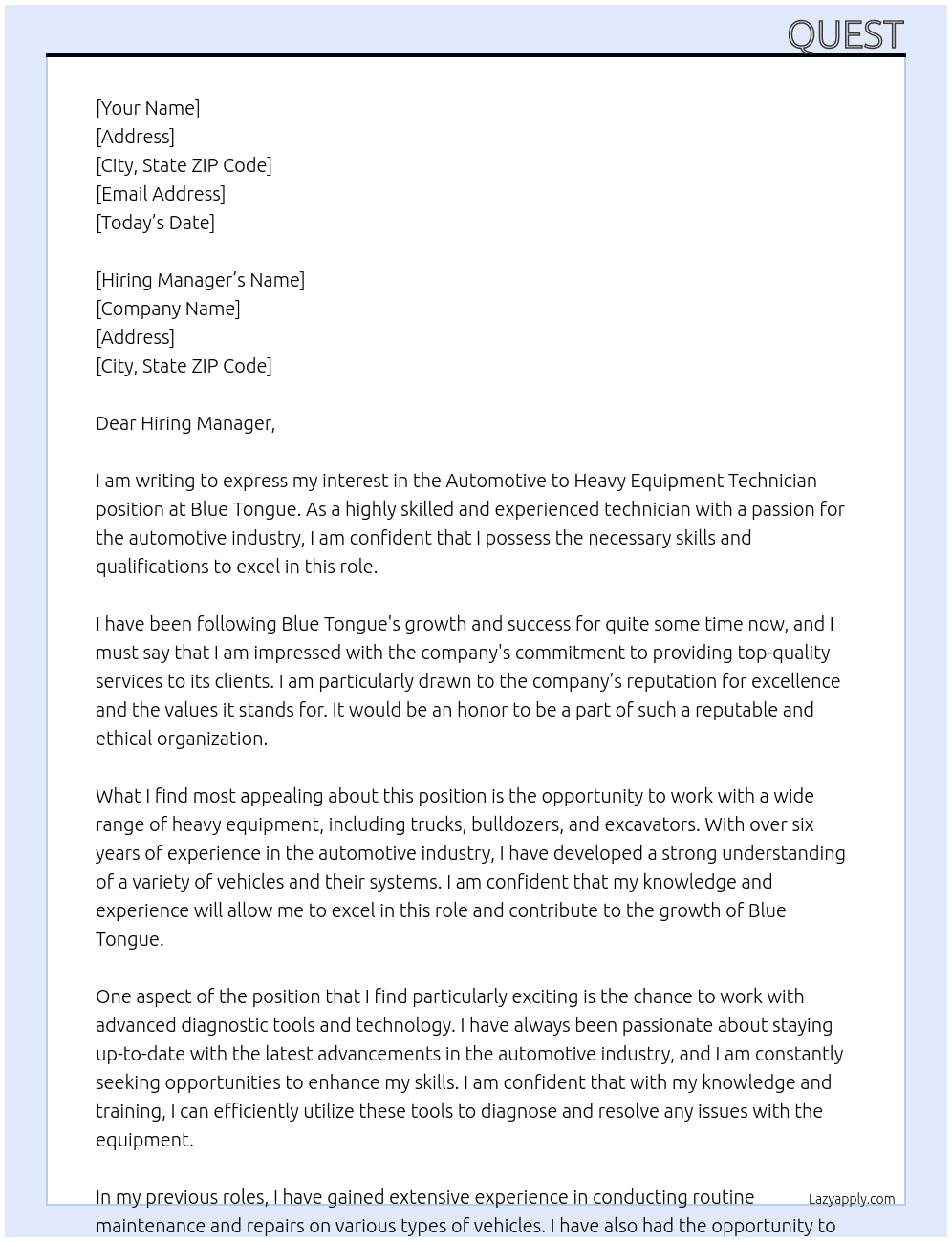 Automotive to heavy equipment technician  At Blue Tongue Cover Letter