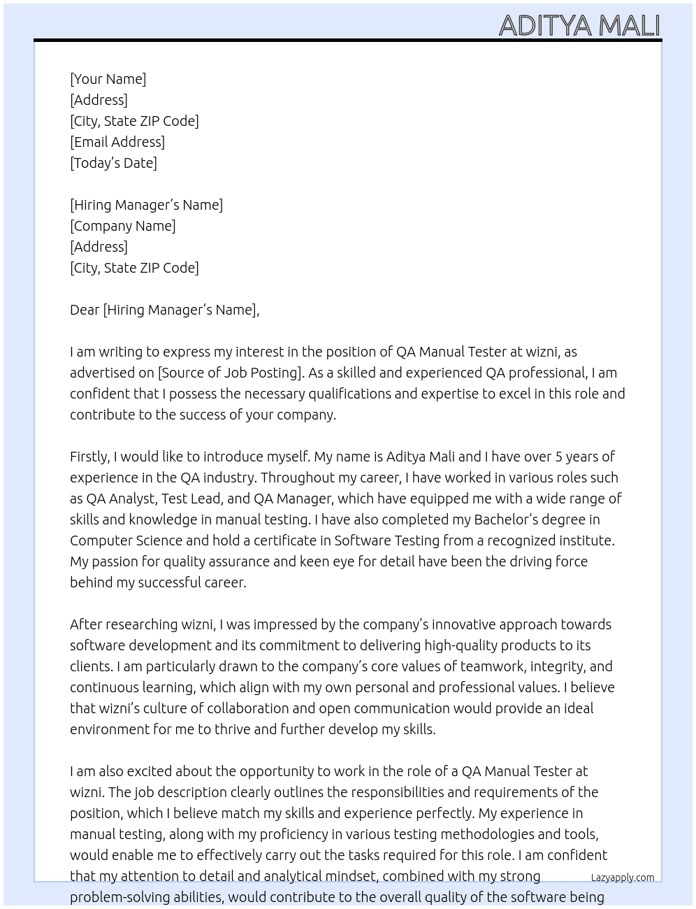 QA Manual Tester At wizni Cover Letter