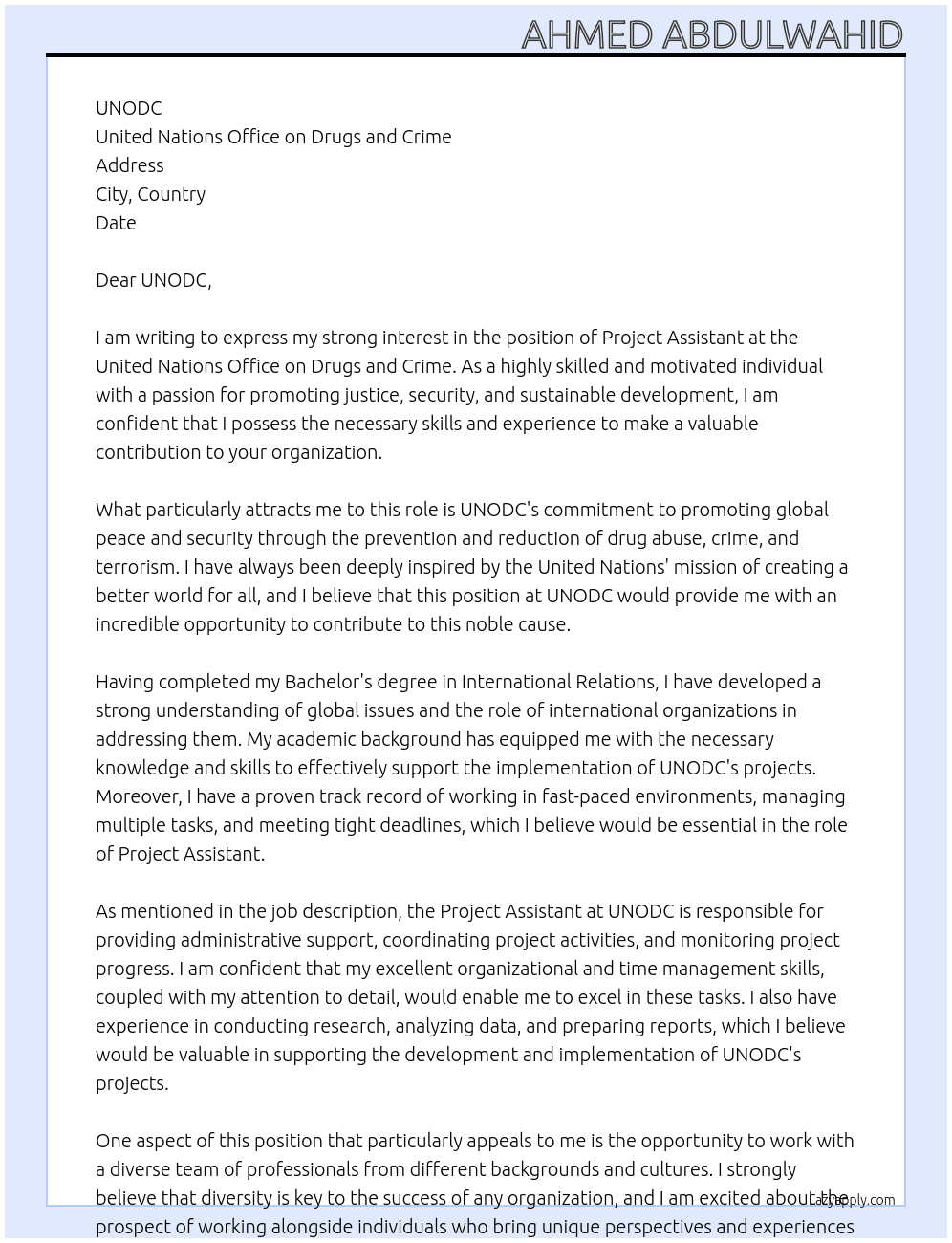 Project Assistant At UNODC Cover Letter