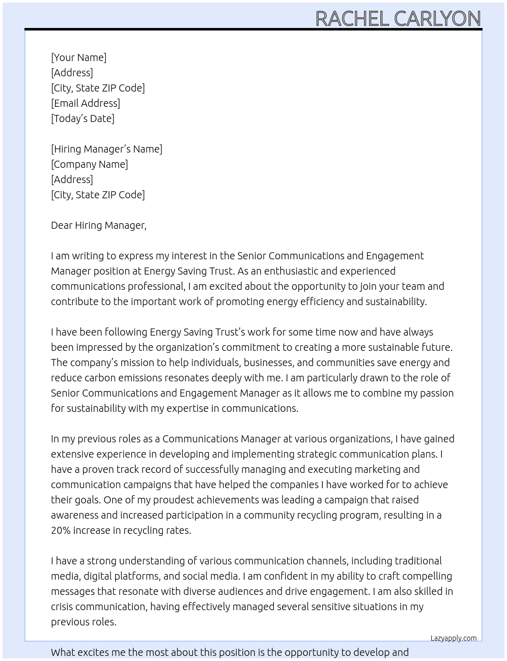 Senior Communications and Engagement Manager At Energy Saving Trust Cover Letter