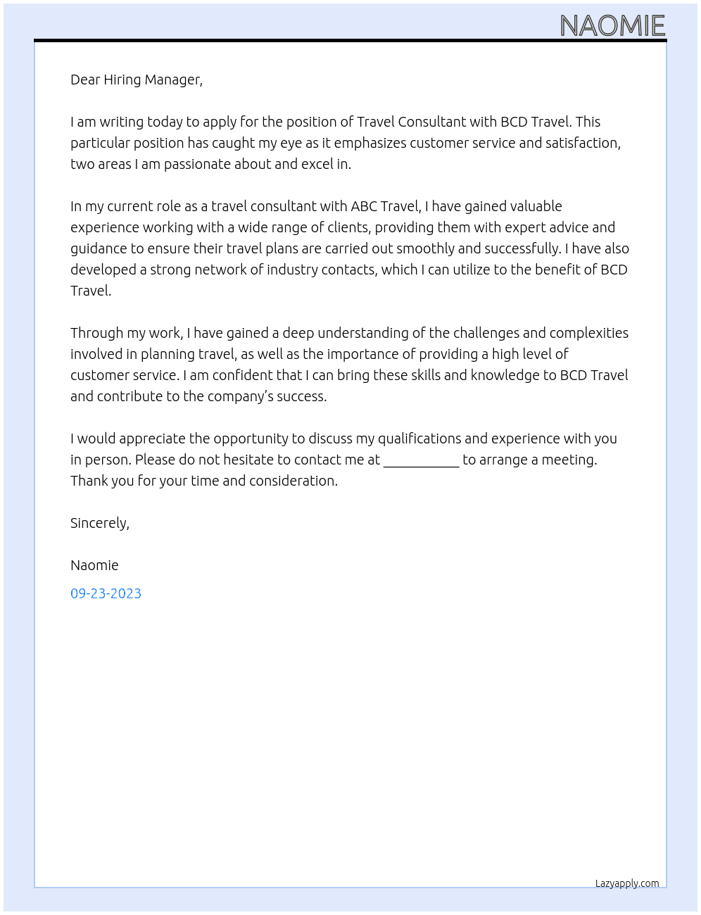 Travel Consultant At BCD Travel Cover Letter