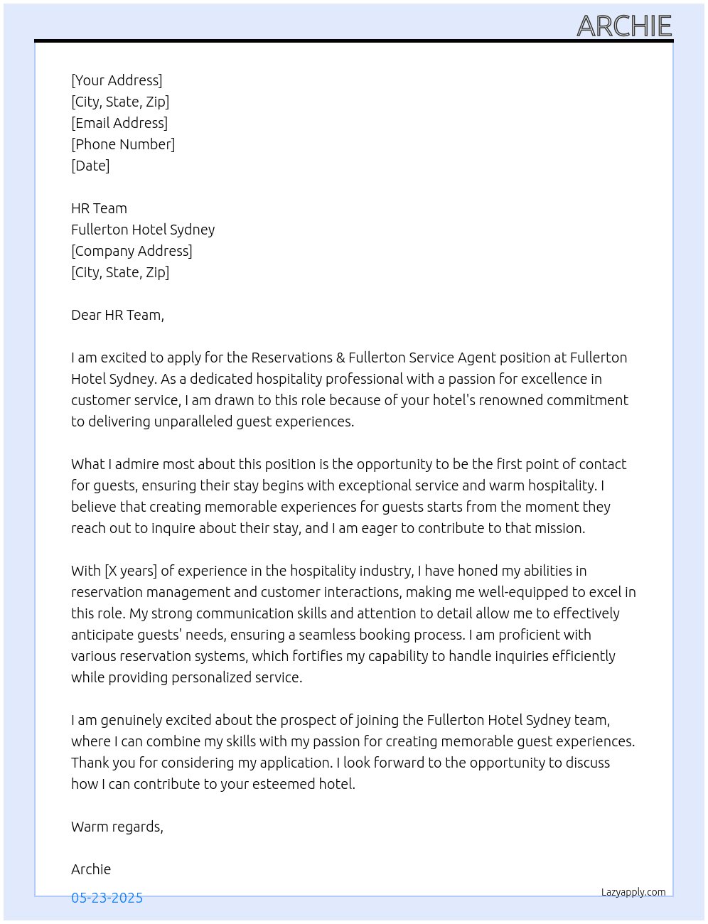 Reservations & Fullerton Service Agent At Fullerton Hotel Sydney Cover Letter