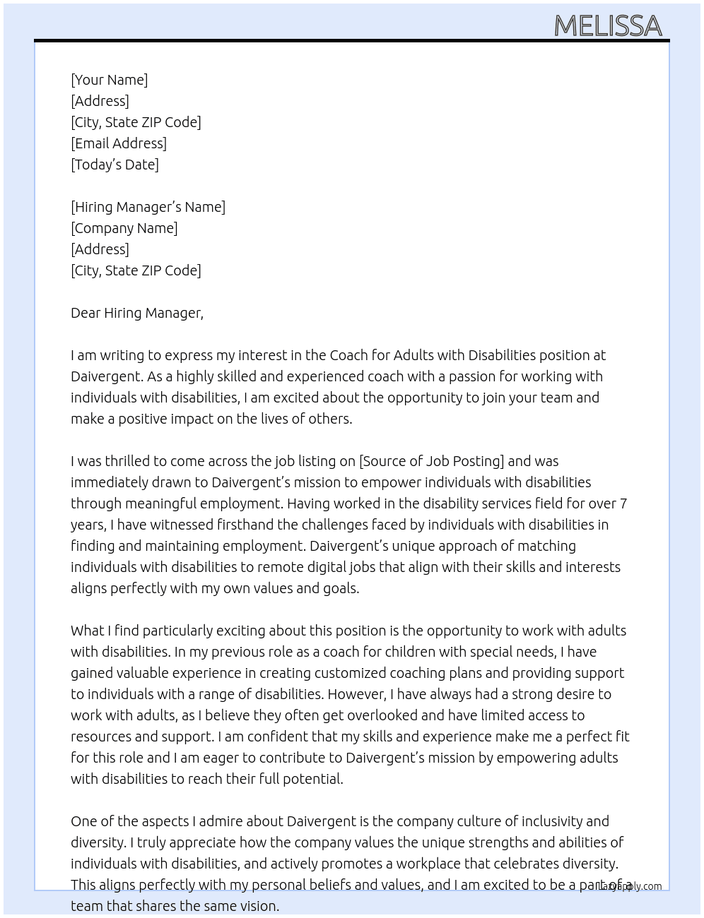 Coach for Adults with Disabilites  At Daivergent  Cover Letter