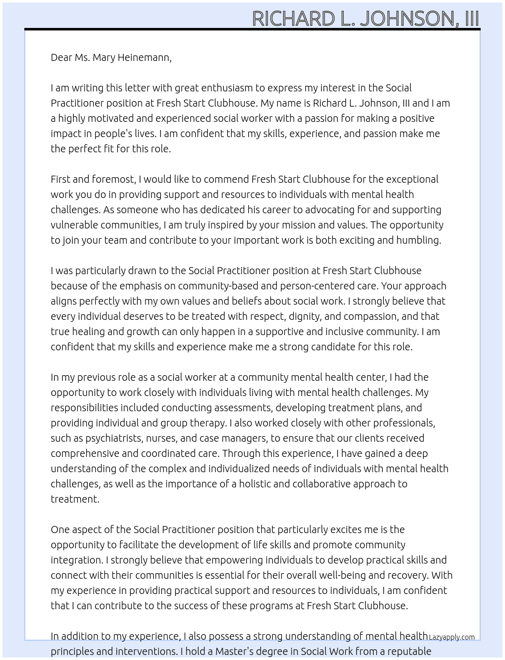 Social Pratitioner At Fresh Start Clubhouse Cover Letter
