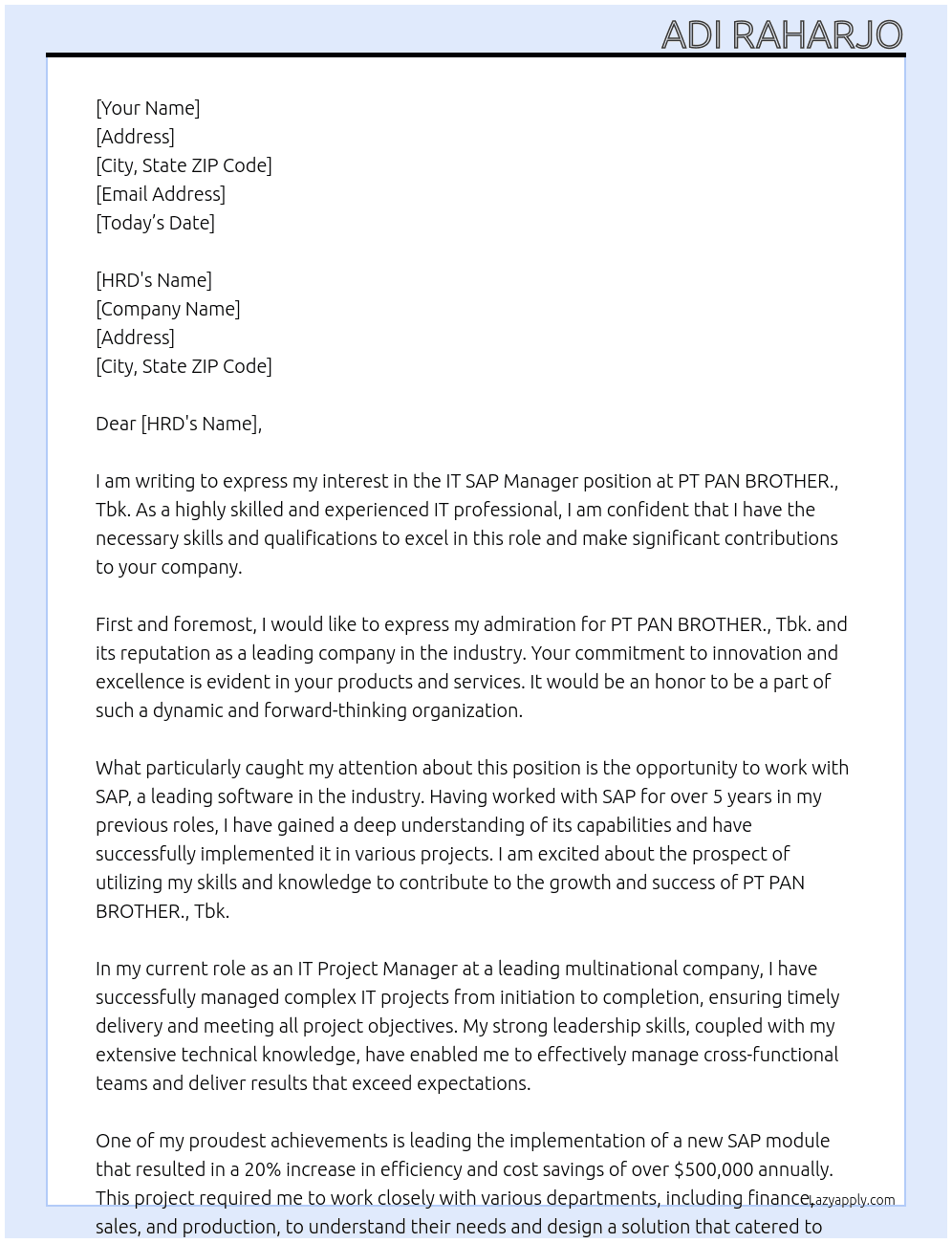 IT SAP MANAGER At PT PAN BROTHER., Tbk. Cover Letter