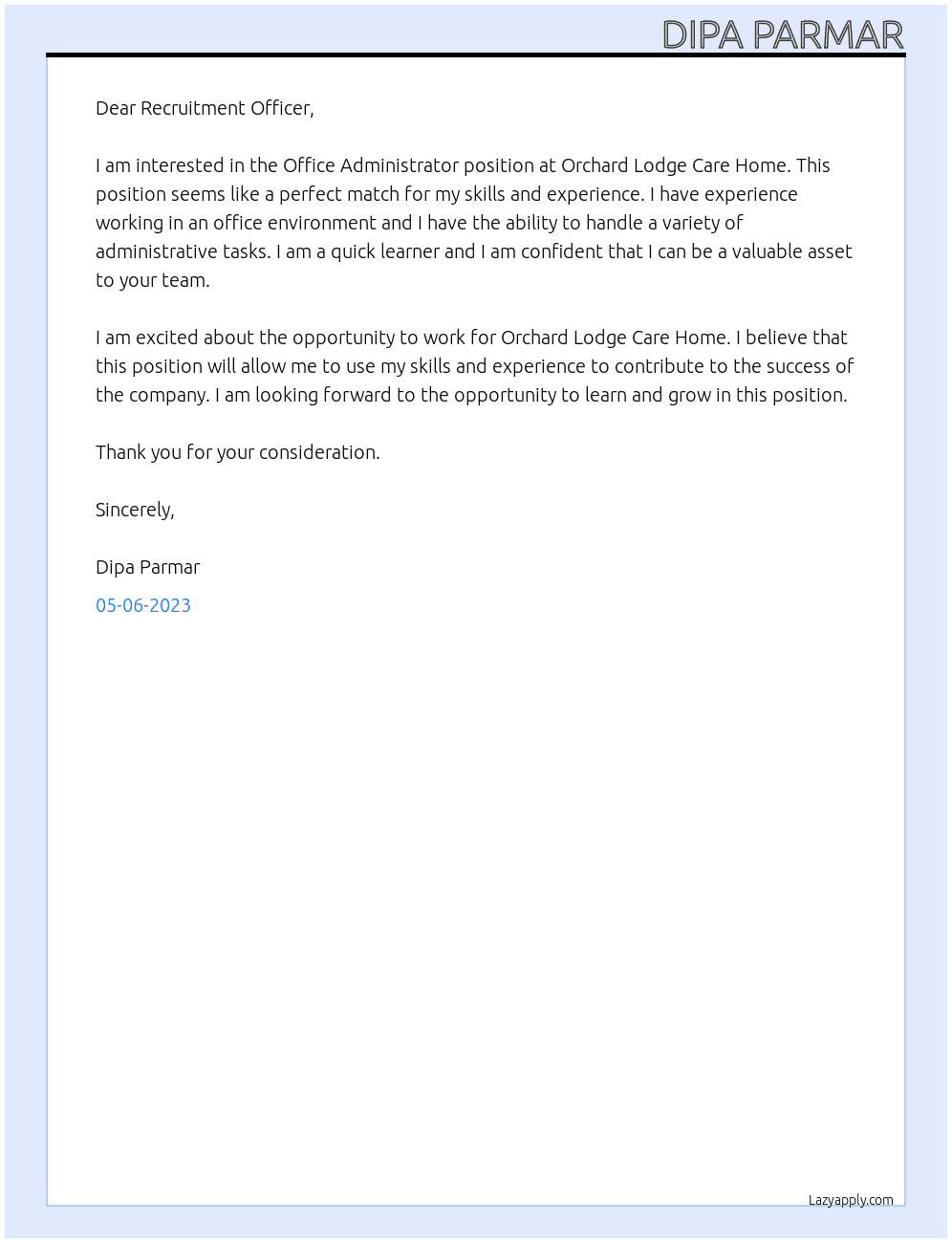 Office Administrator At Orchard Lodge Care Home  Cover Letter