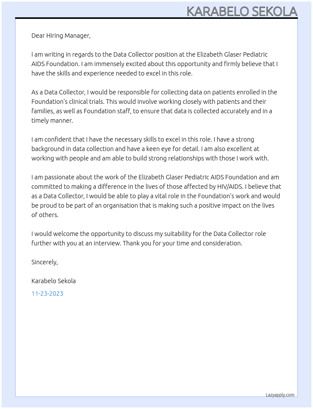 Data collector At Elizabeth Glaser Pediatric AIDs Foundation  Cover Letter