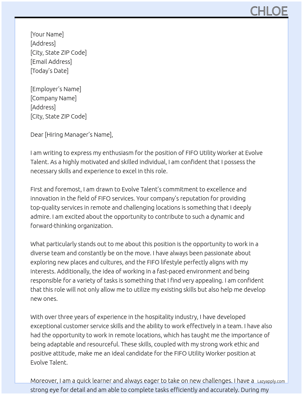 FIFO Utility worker At Evolve Talent Cover Letter