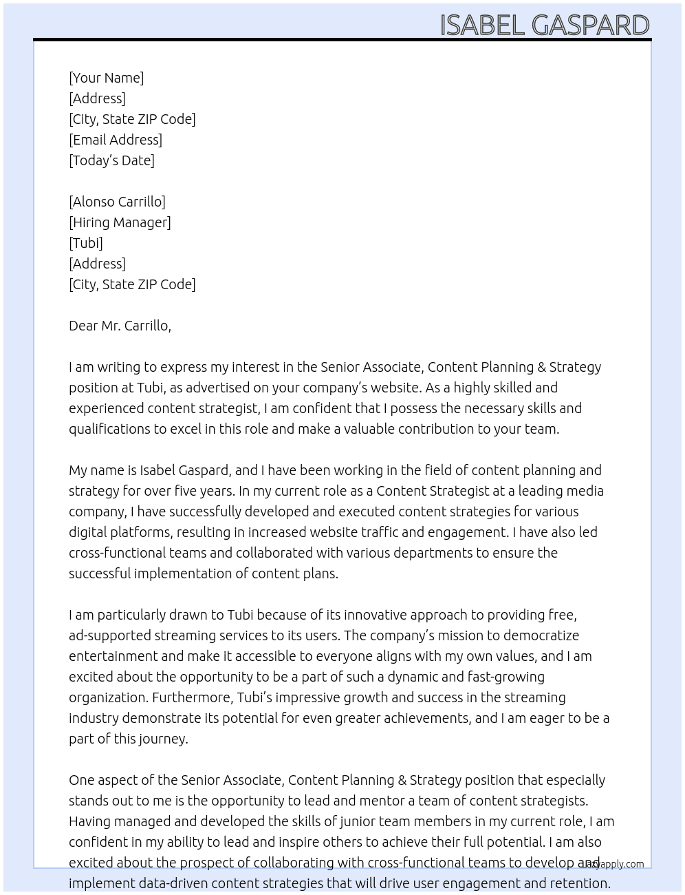 Senior Associate, Content Planning & Strategy At Tubi Cover Letter