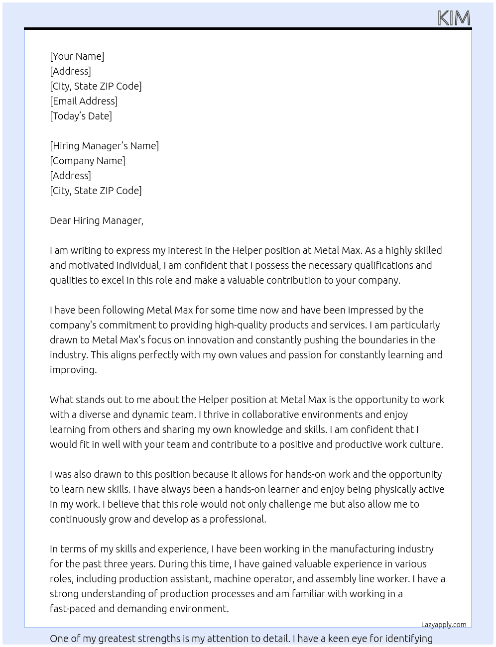 Helper At Metal Max Cover Letter