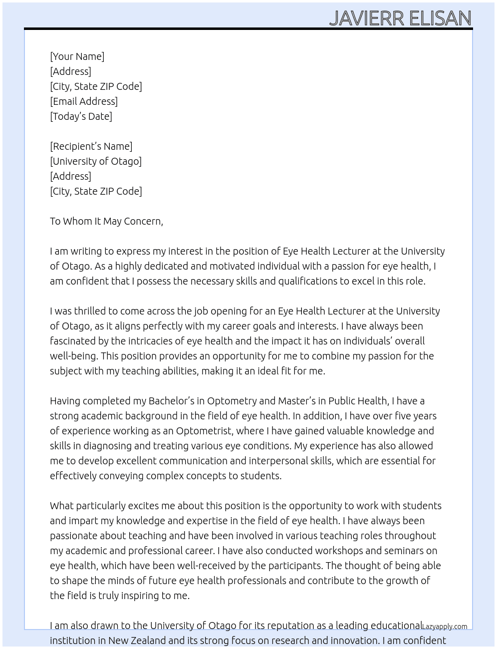 Eye Health Lecturer At University of Otago Cover Letter