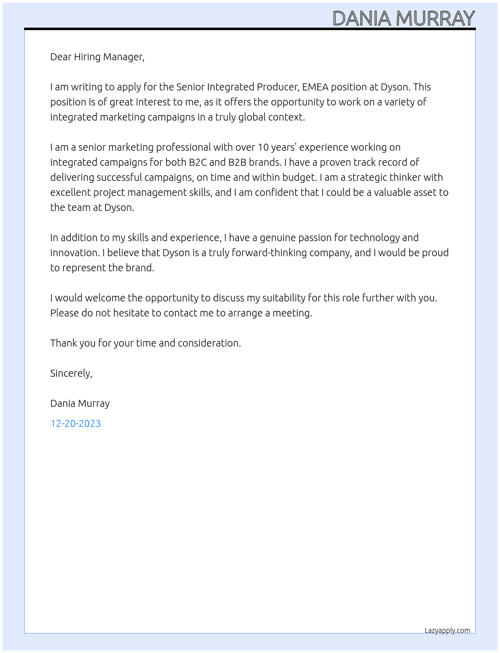 Senior Integrated Producer, EMEA At Dyson Cover Letter
