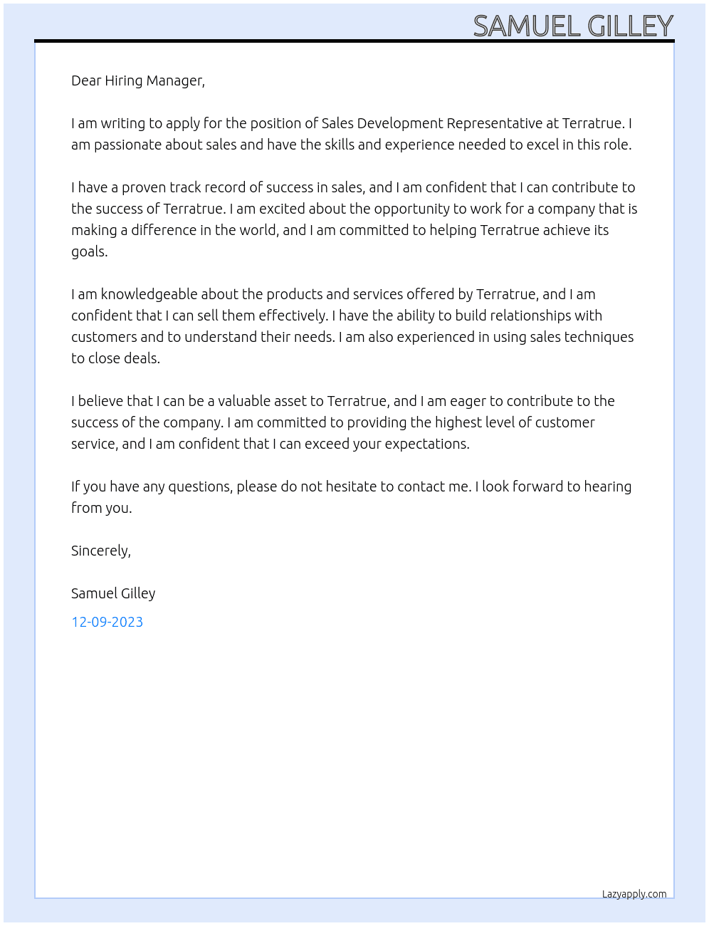 Sales Development Representative  At Terratrue Cover Letter